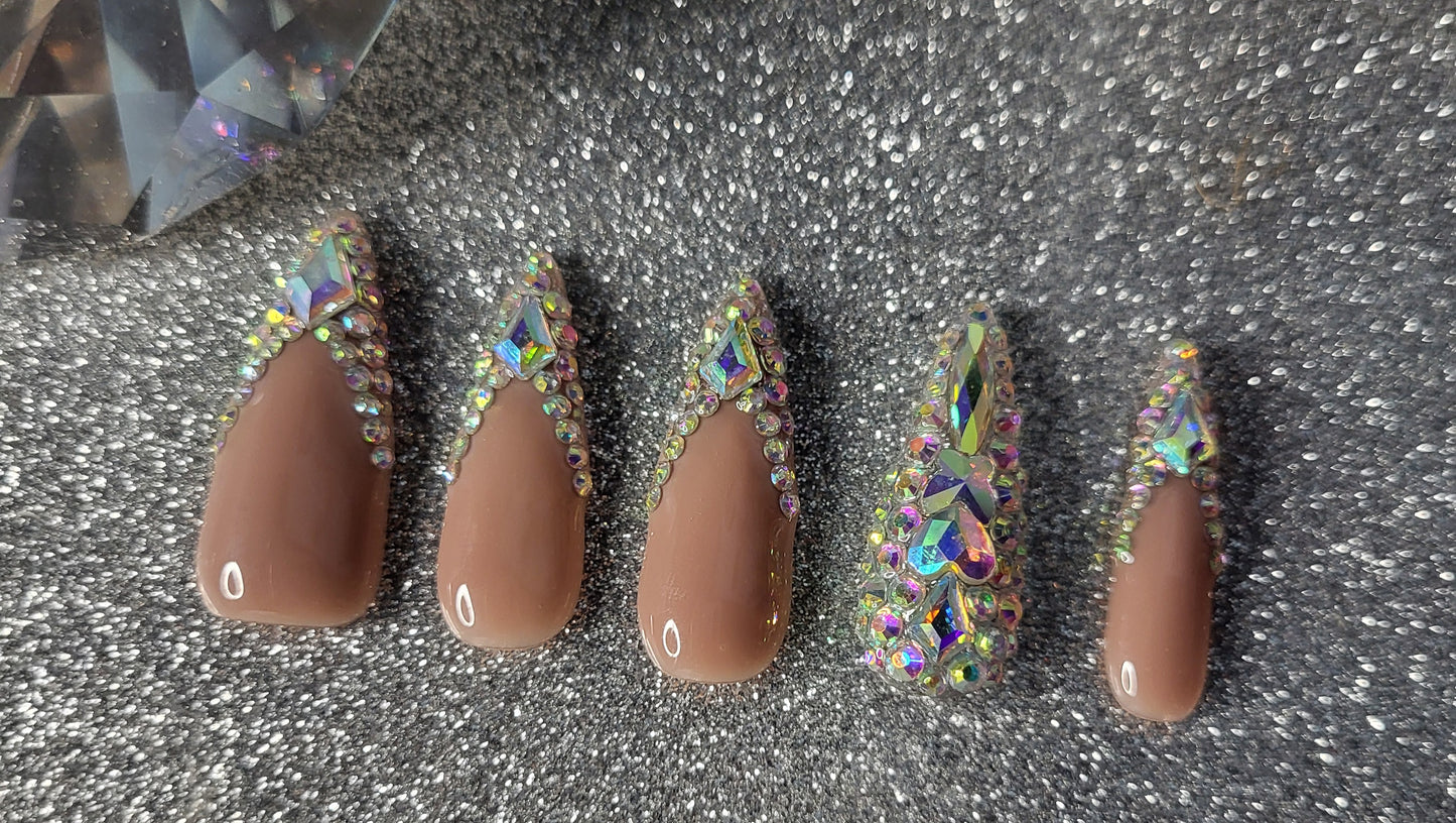 Rhinestone French Tips Press On Nails With Full Cover Rhinestone Decor