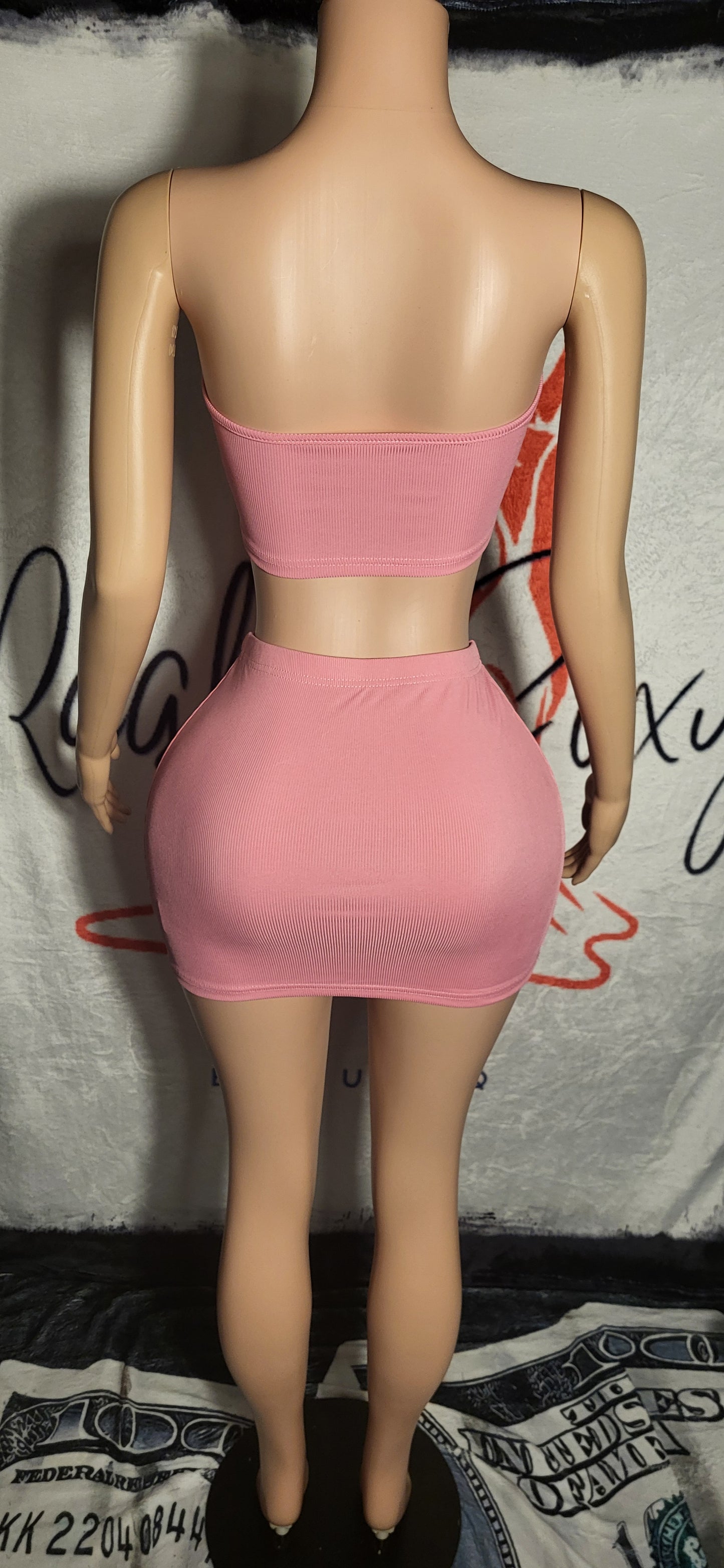 Pink Rib-Knit Tube Top And Skirt Set