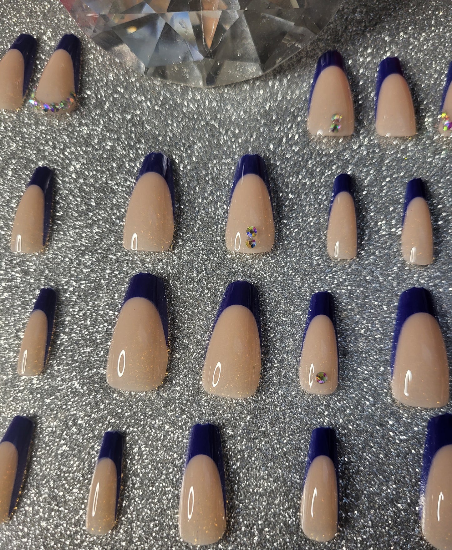 Blue French Tips Press On Nails With Rhinestones