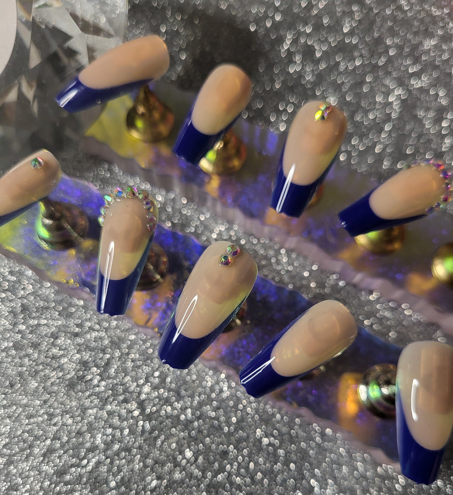 Blue French Tips Press On Nails With Rhinestones