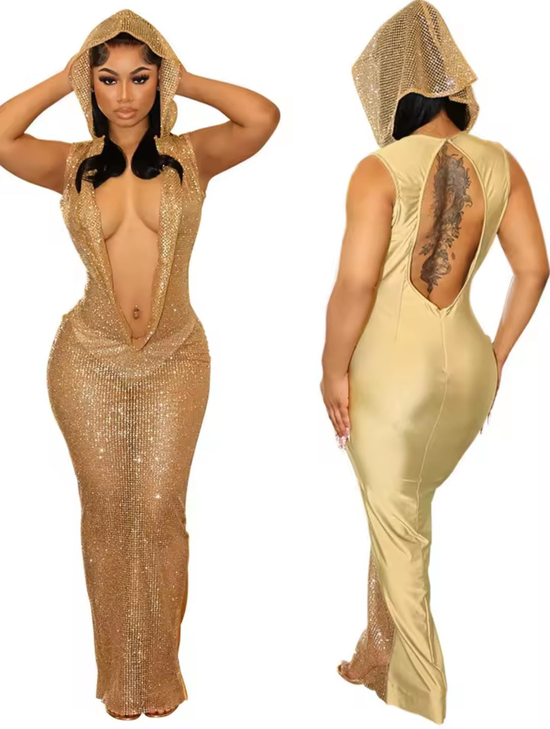 Gold Hooded Dress With Sequins