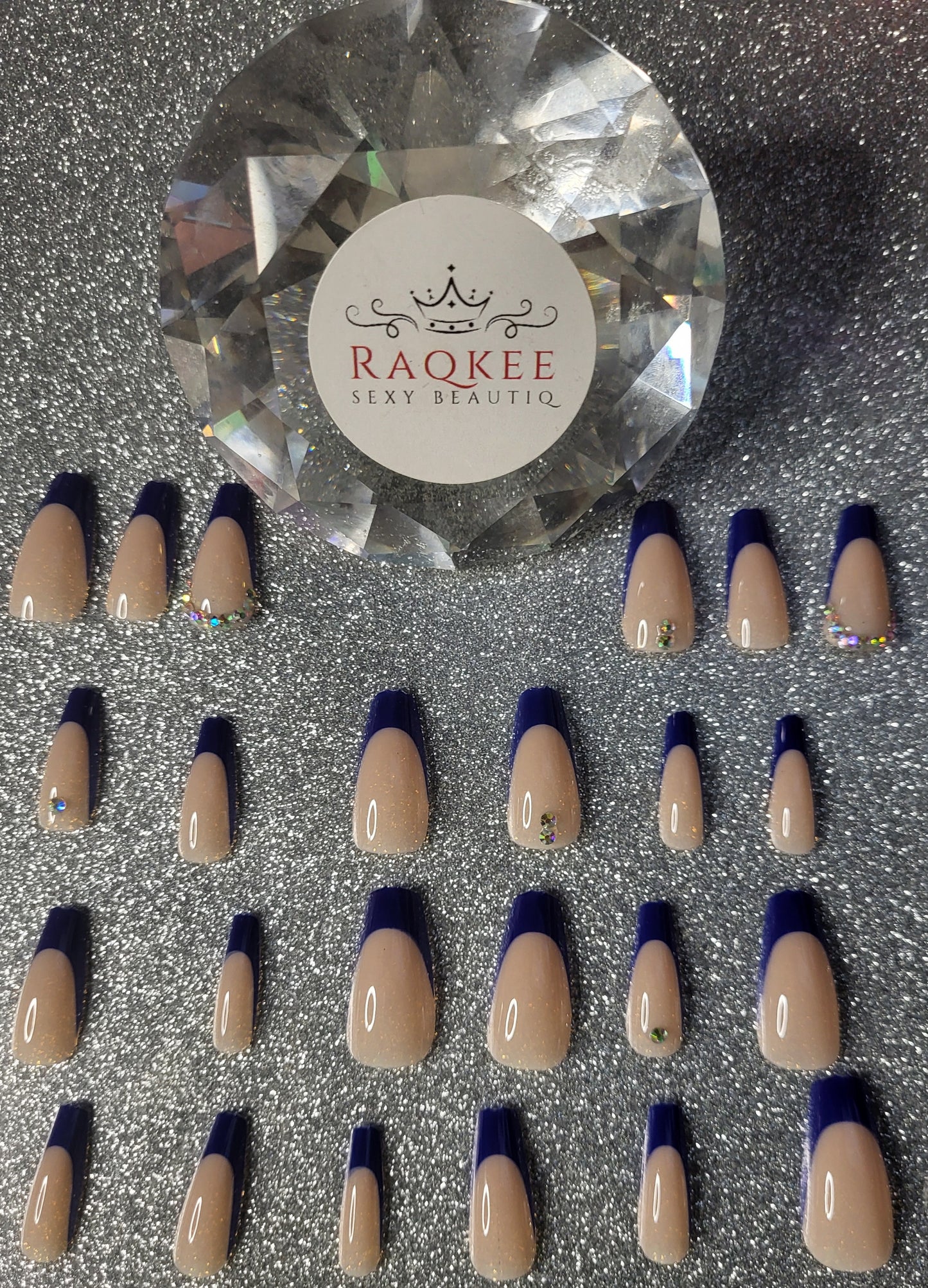 Blue French Tips Press On Nails With Rhinestones