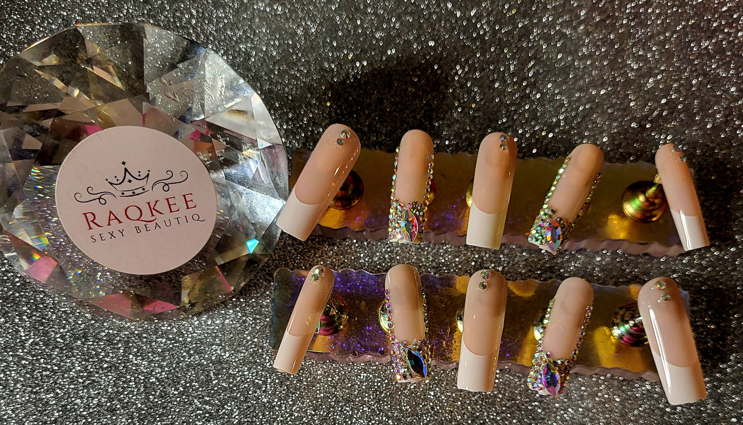 White And Rhinestone French Tips Press On Nails With Rhinestones