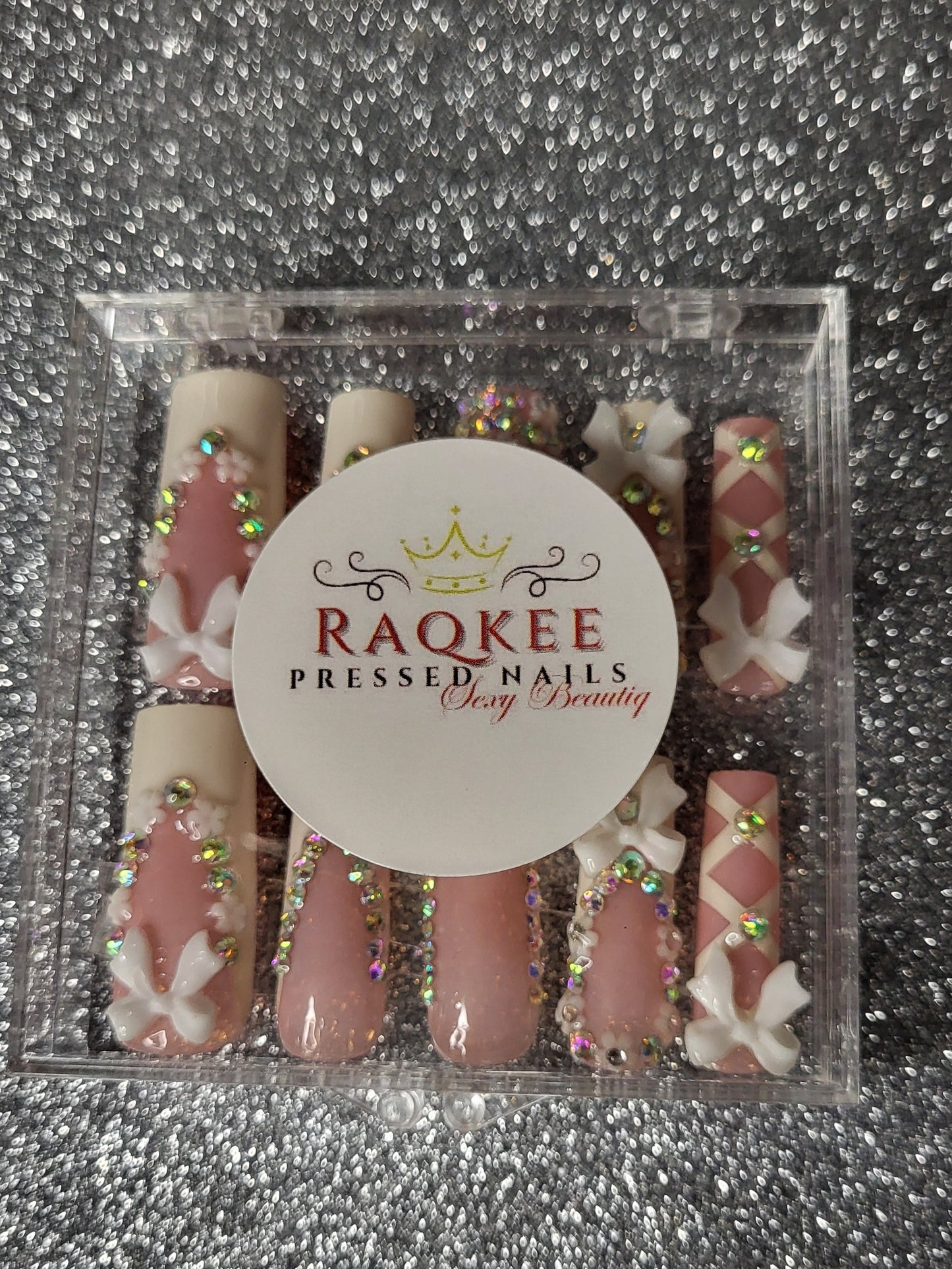 White And Rhinestone French Tips Press On Nails With Rhinestones, Bow Decor, And Lace Design