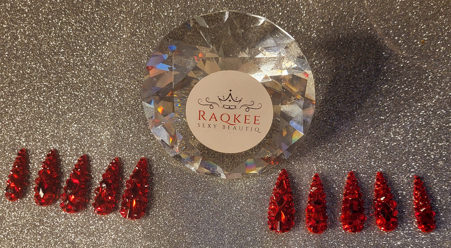 Red Rhinestones Press On Nails