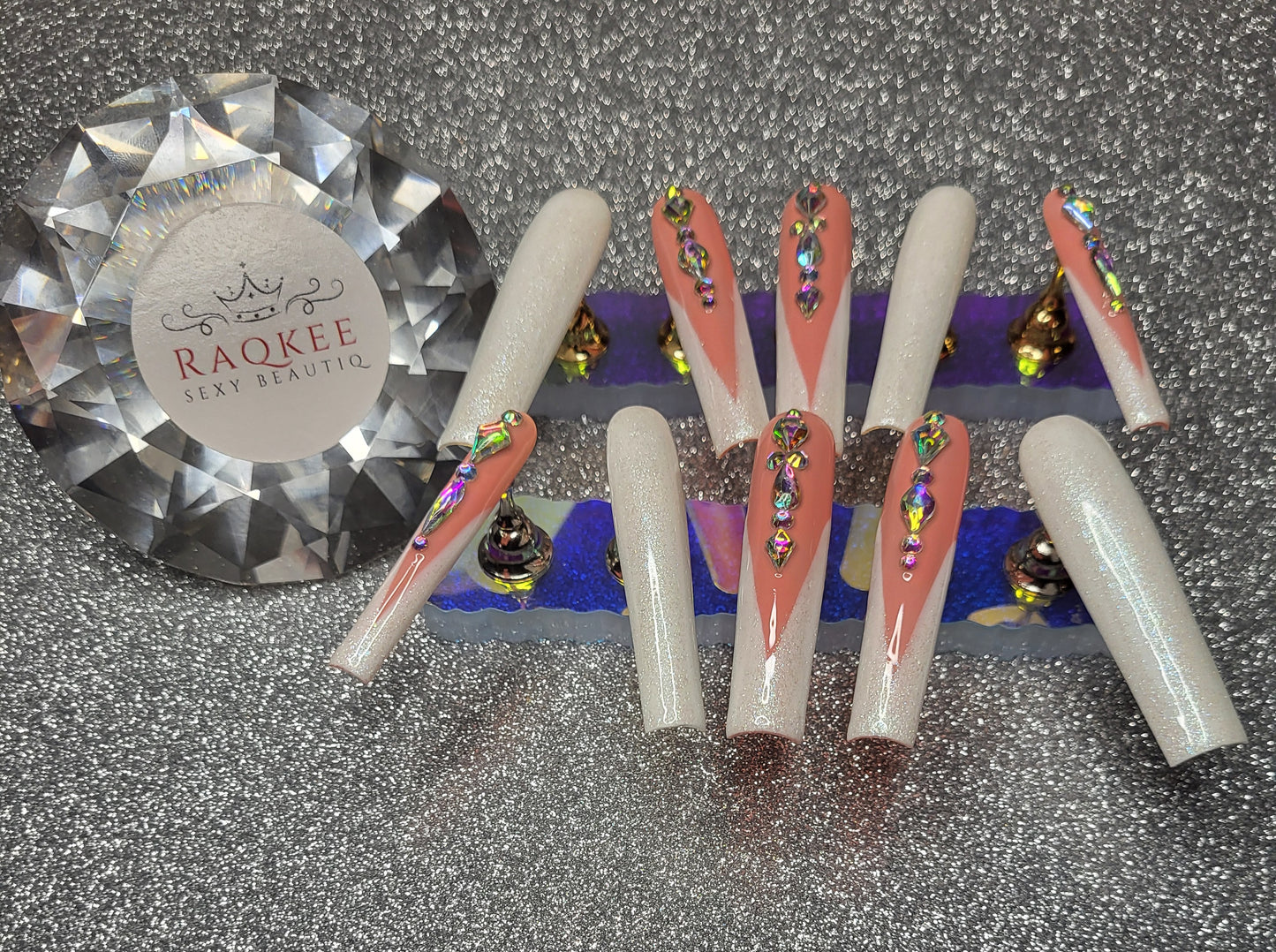 XL Glittery White French Tips Press On Nails With Rhinestones