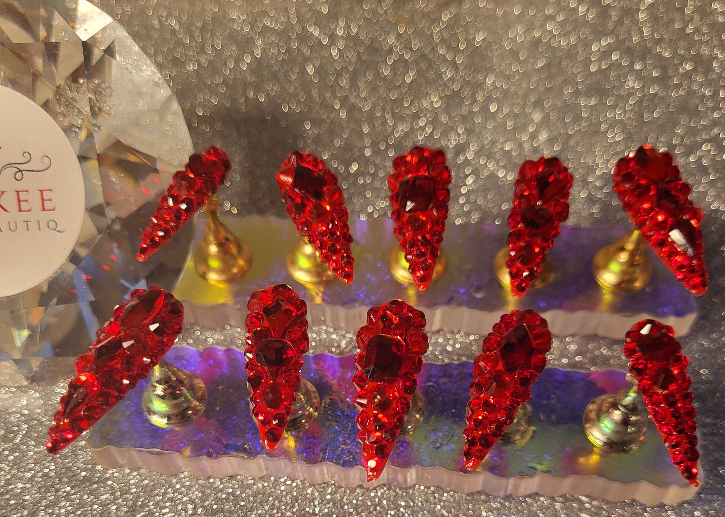 Red Rhinestones Press On Nails