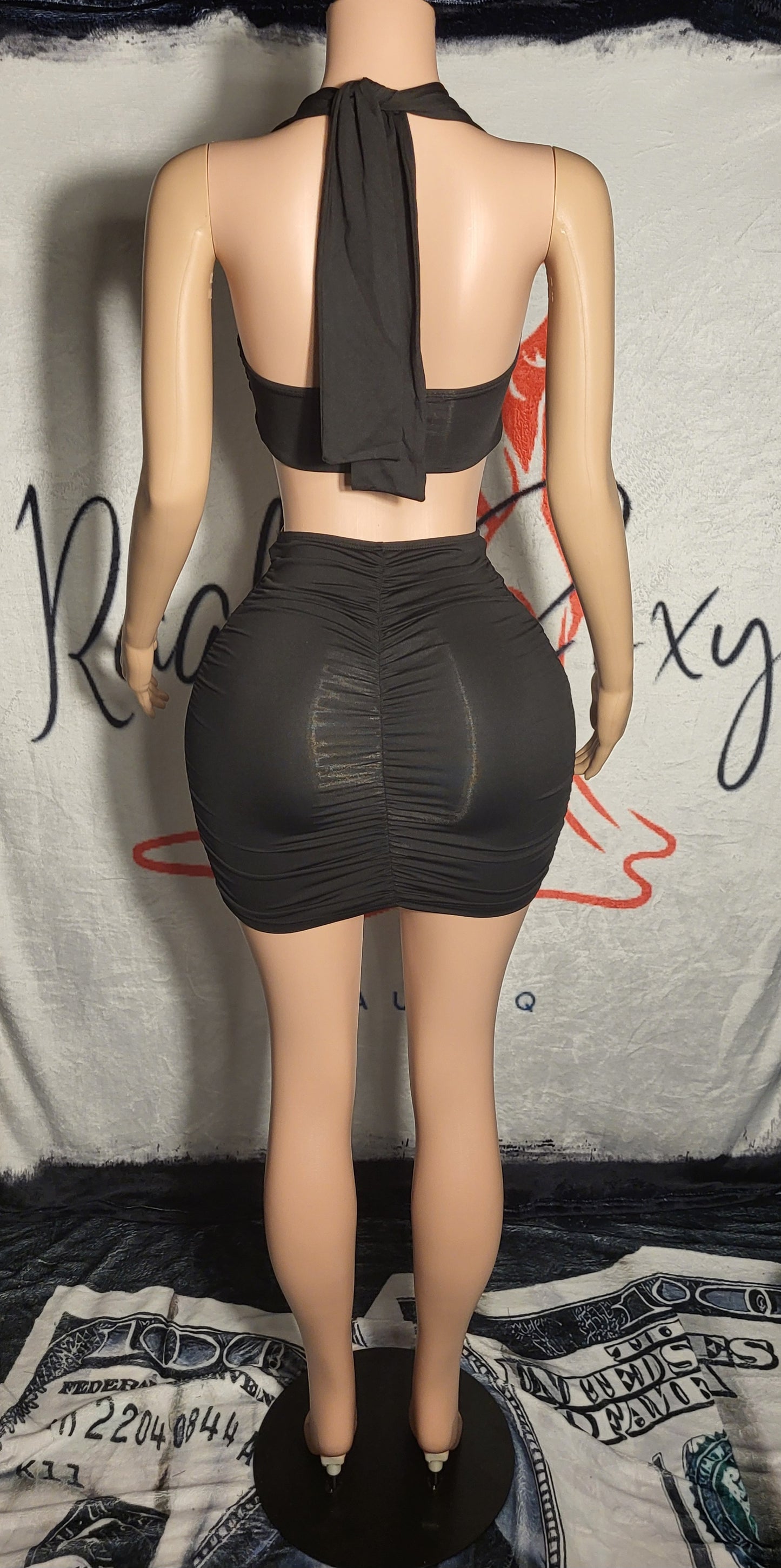 Black Halter Crop Top And Ruched Cut Out Skirt Set With Heart Rings