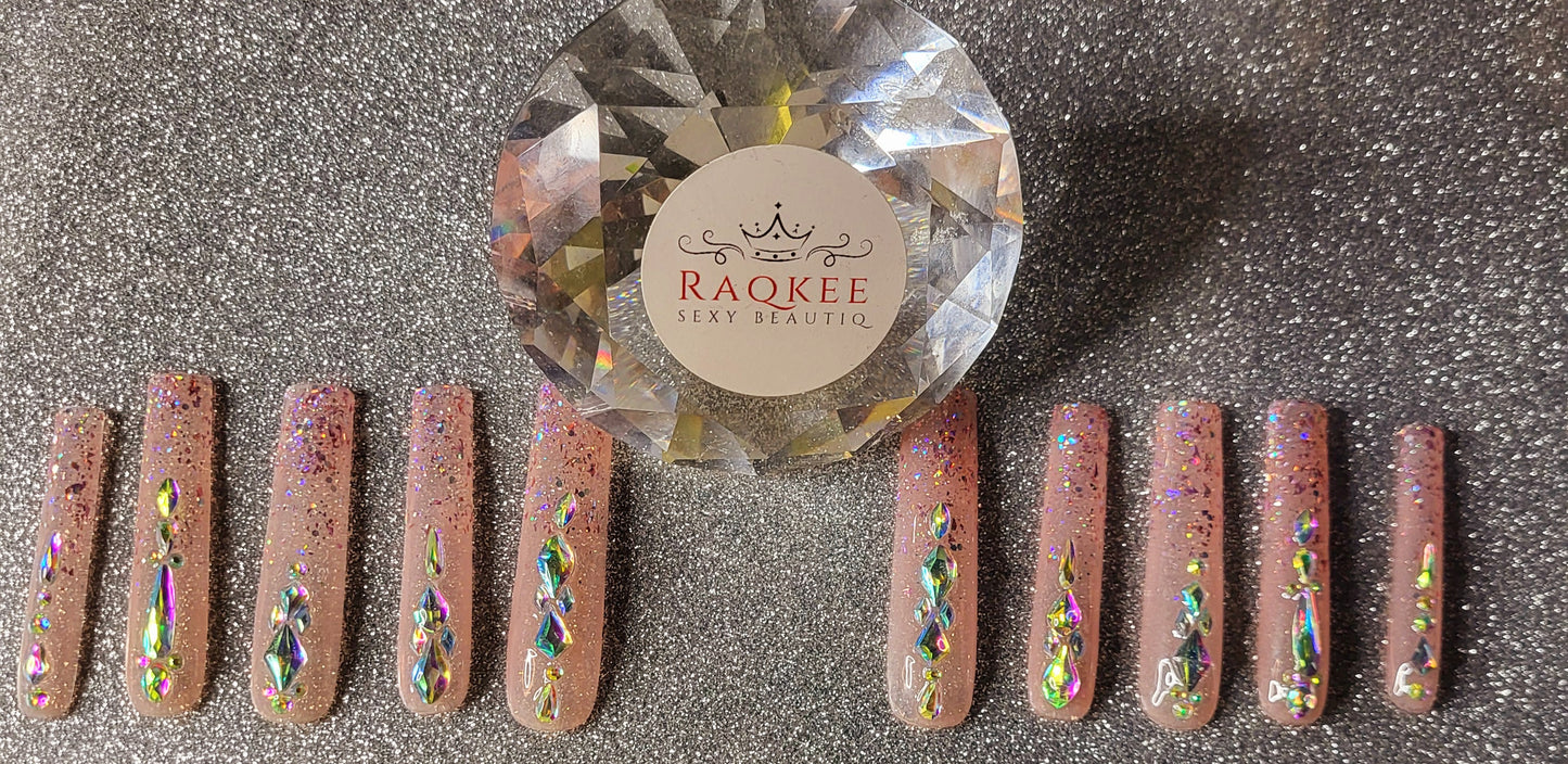 XL Glittery Pink French Tips Press On Nails With Big Rhinestones