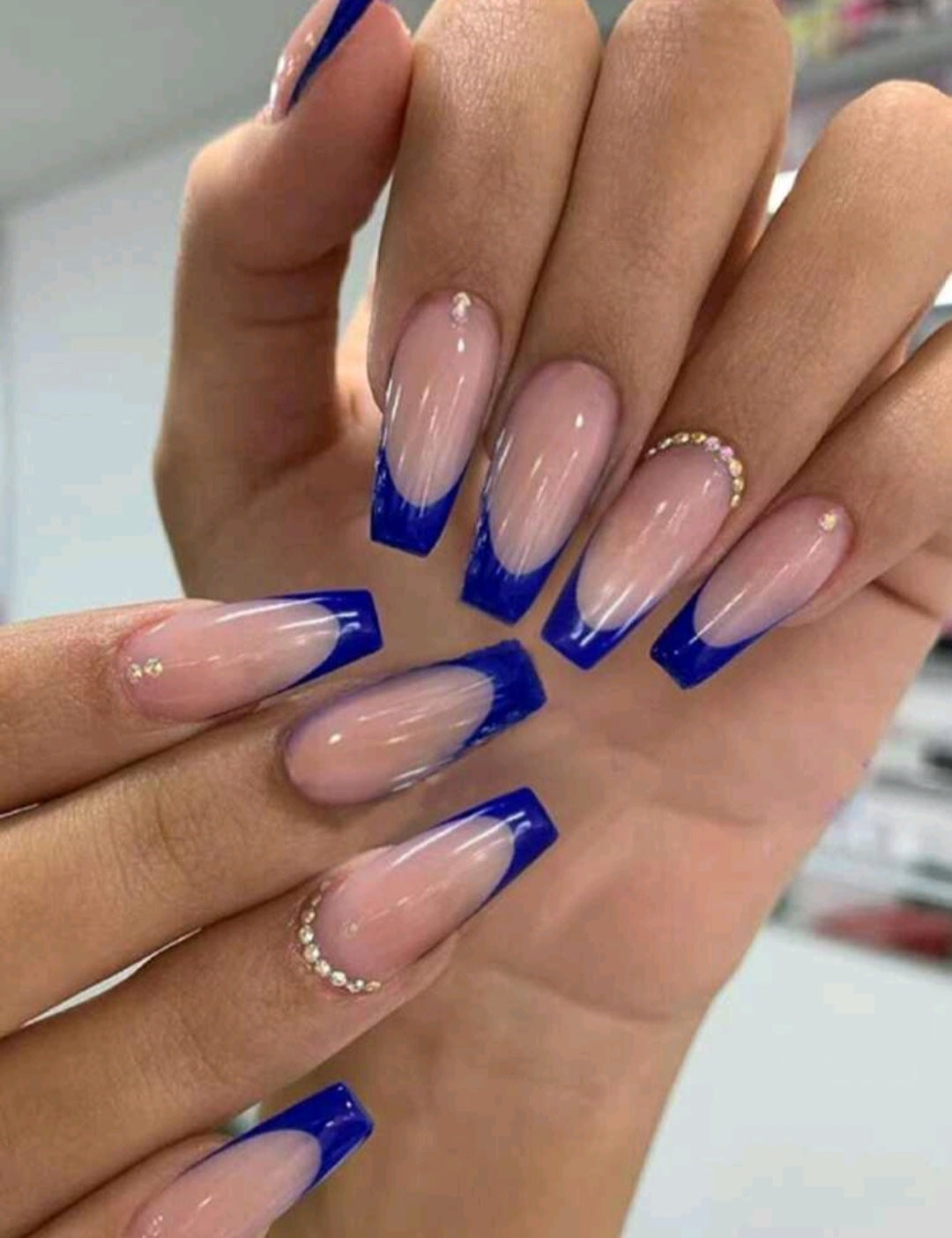Blue French Tips Press On Nails With Rhinestones