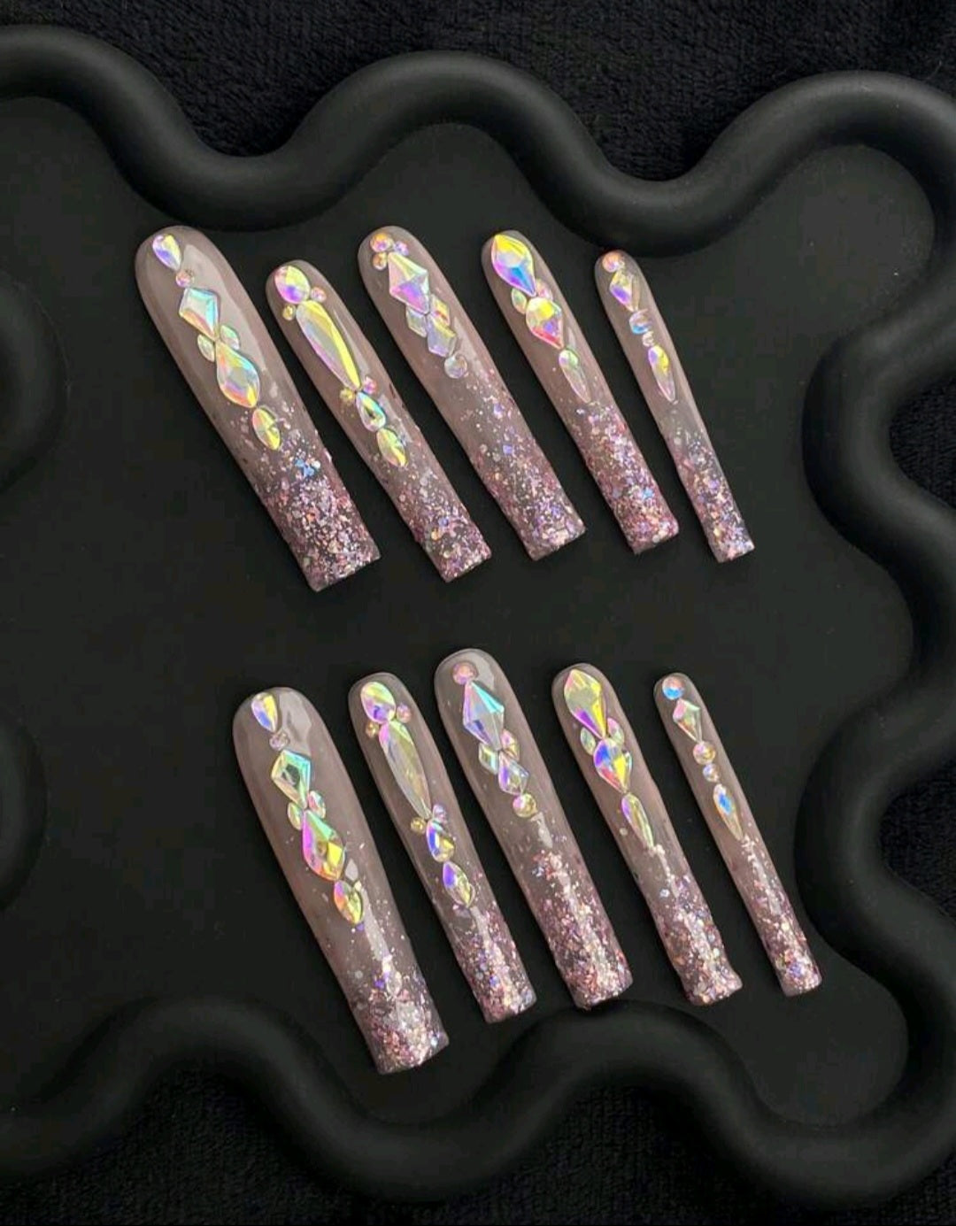 XL Glittery Pink French Tips Press On Nails With Big Rhinestones