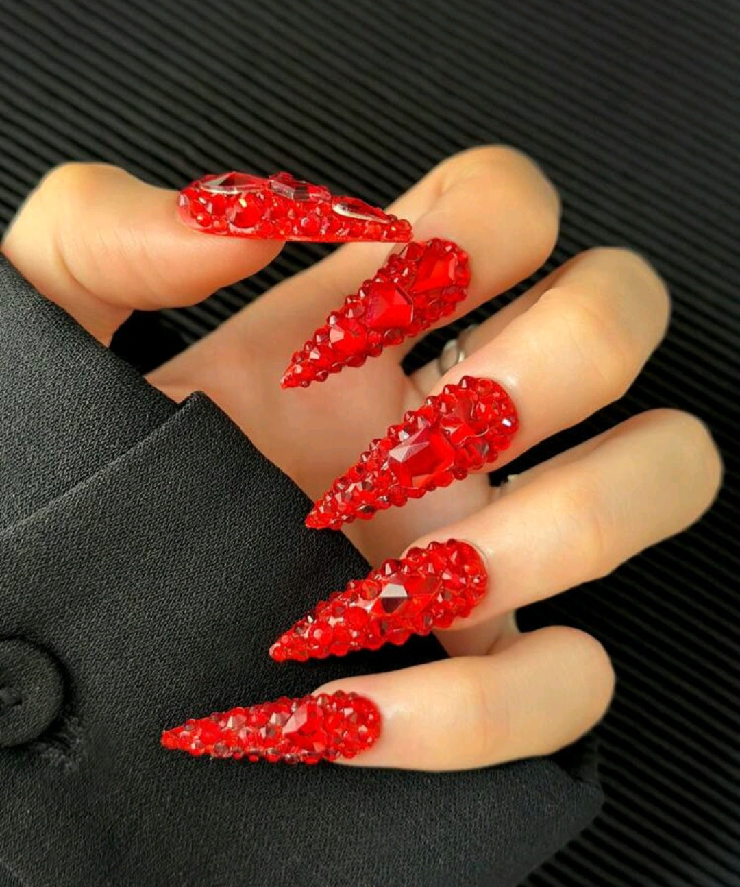 Red Rhinestones Press On Nails