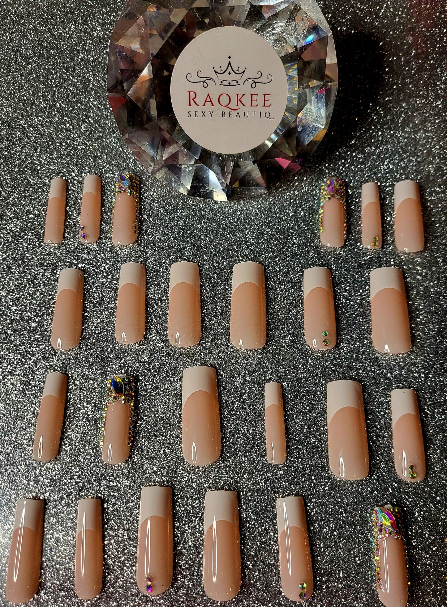 White And Rhinestone French Tips Press On Nails With Rhinestones