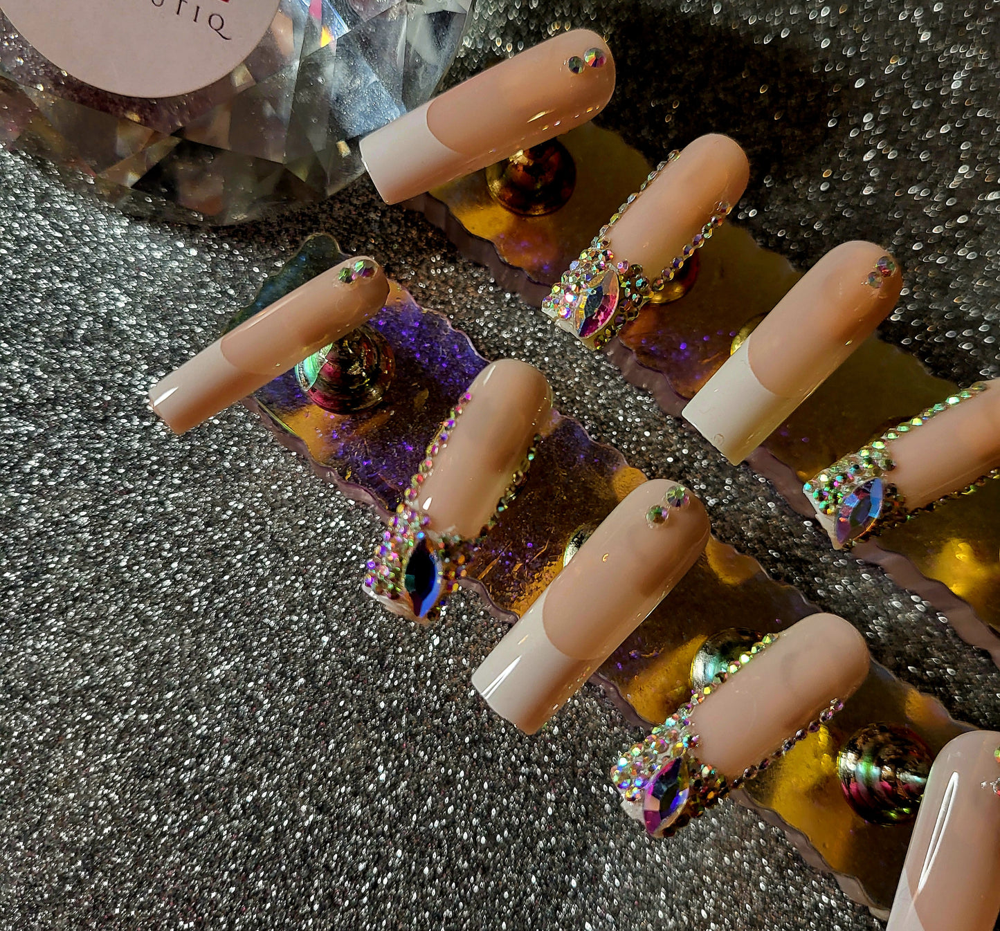 White And Rhinestone French Tips Press On Nails With Rhinestones