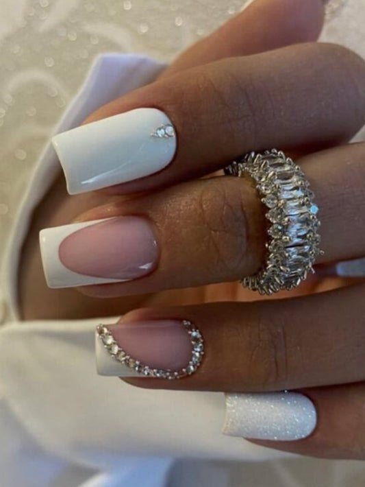 White French Tips And Full Press On Nails With Rhinestones