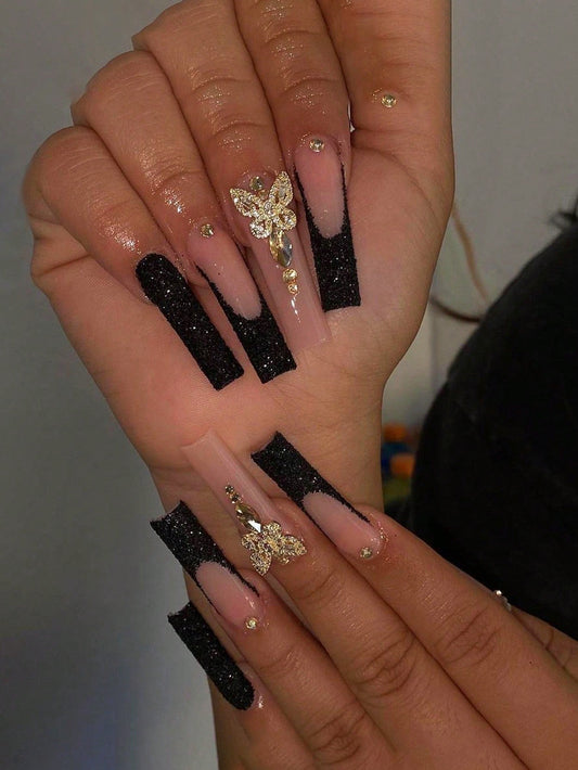 Glittery Black French Tips Press On Nails With Butterfly Decor And Rhinestones