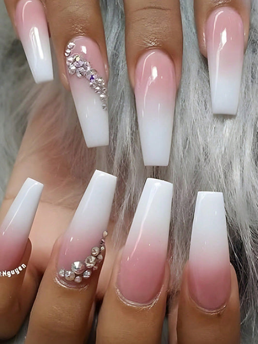 White Ombre Press On Nails With Rhinestones Decor