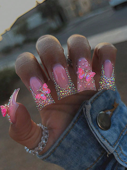 Rhinestones French Tips Press On Nails With Butterfly Decor