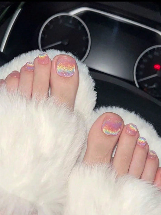 Rainbow Cat Eye Press On Toe Nails
