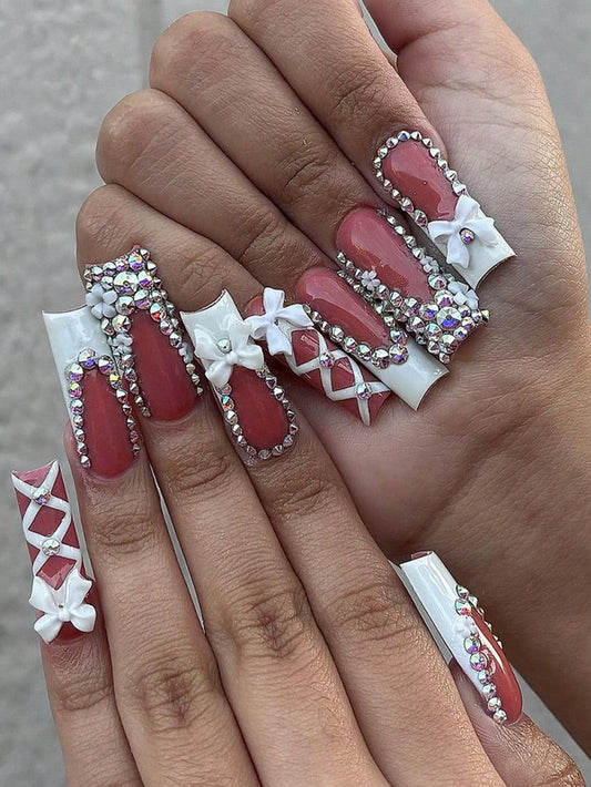 White French Tip Press On Nails With Rhinestones And Lace Designs