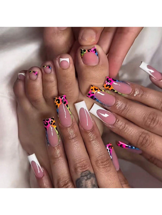 Colorful Leopard French Tips Design Press On Nails And Toe Nails Set