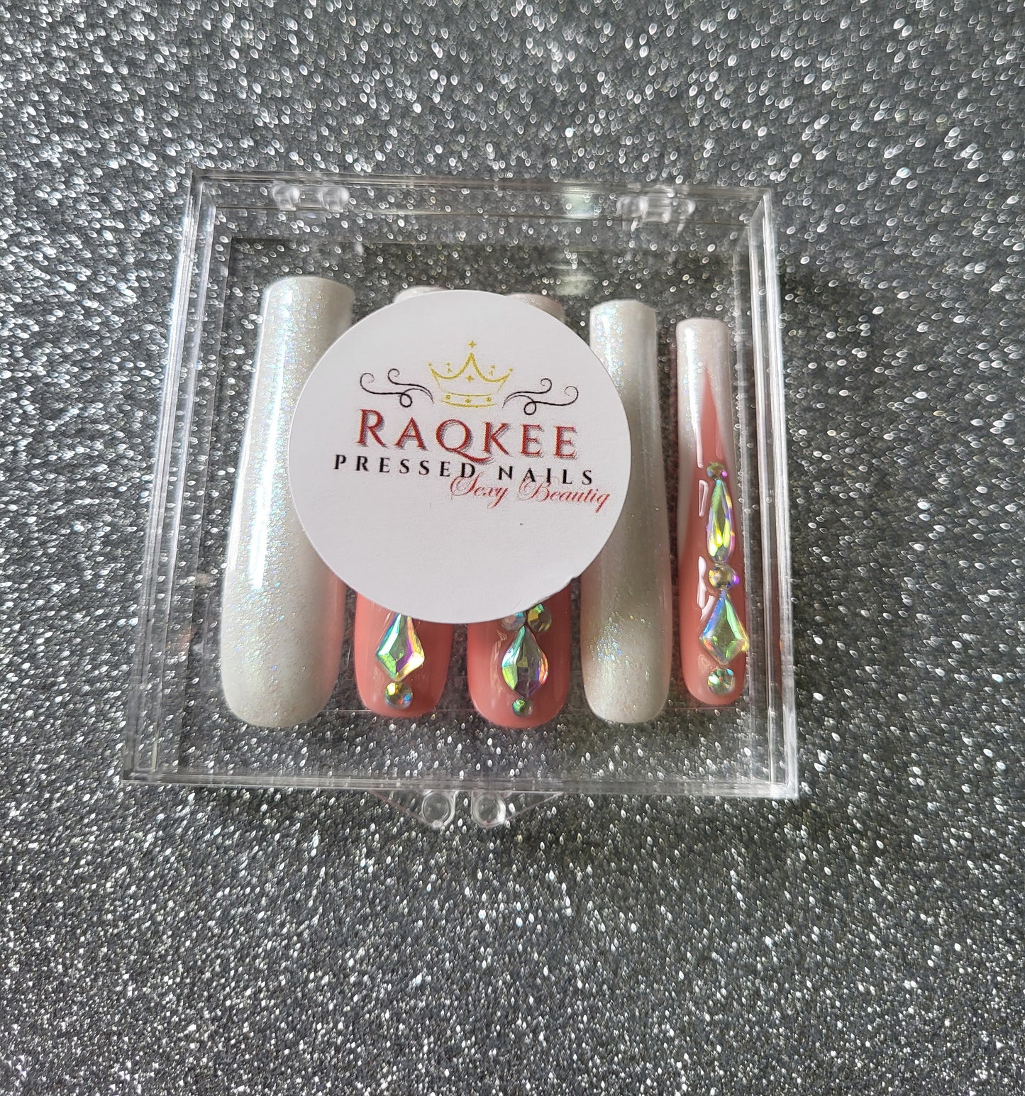XL Glittery White French Tips Press On Nails With Rhinestones