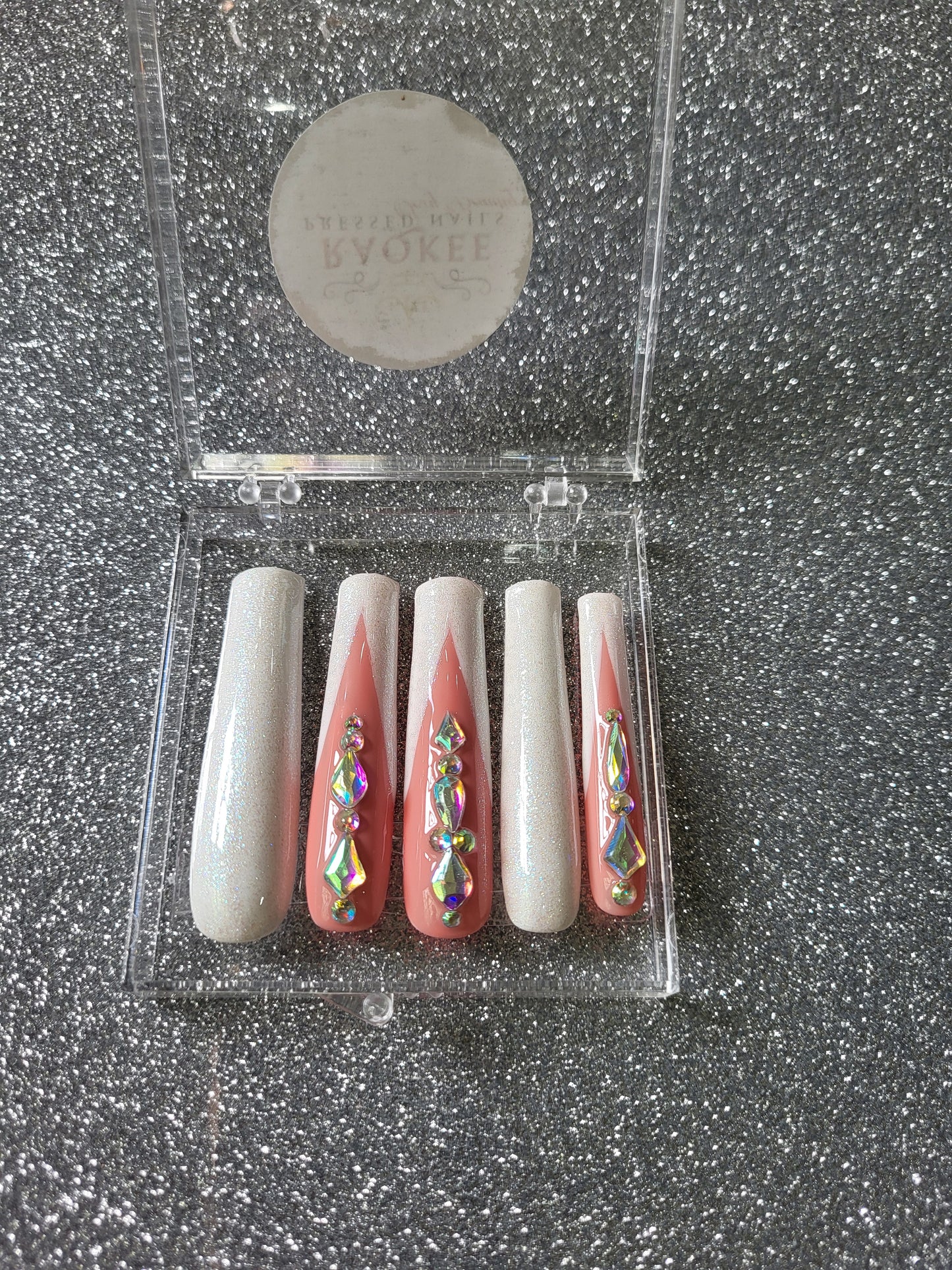 XL Glittery White French Tips Press On Nails With Rhinestones