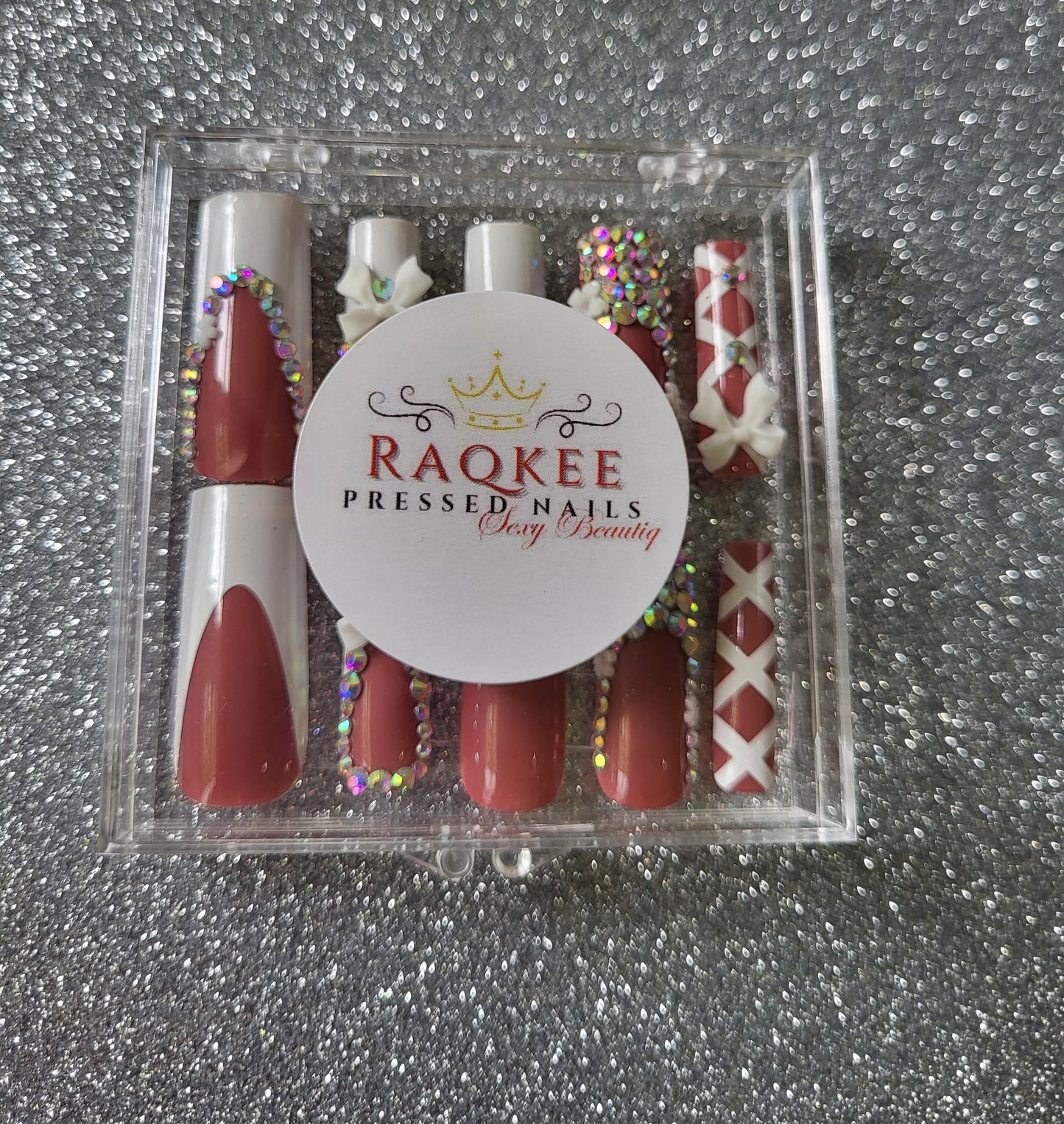 White French Tip Press On Nails With Rhinestones And Lace Designs