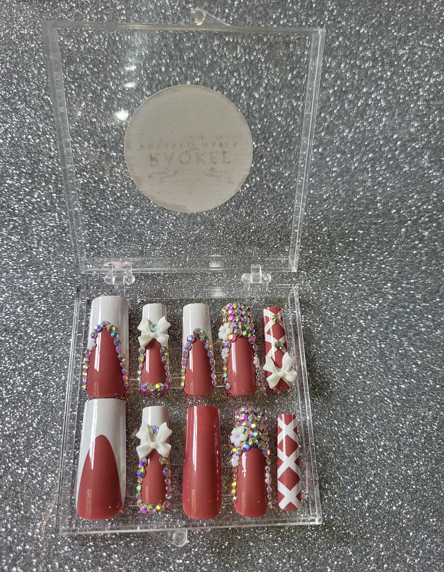 White French Tip Press On Nails With Rhinestones And Lace Designs