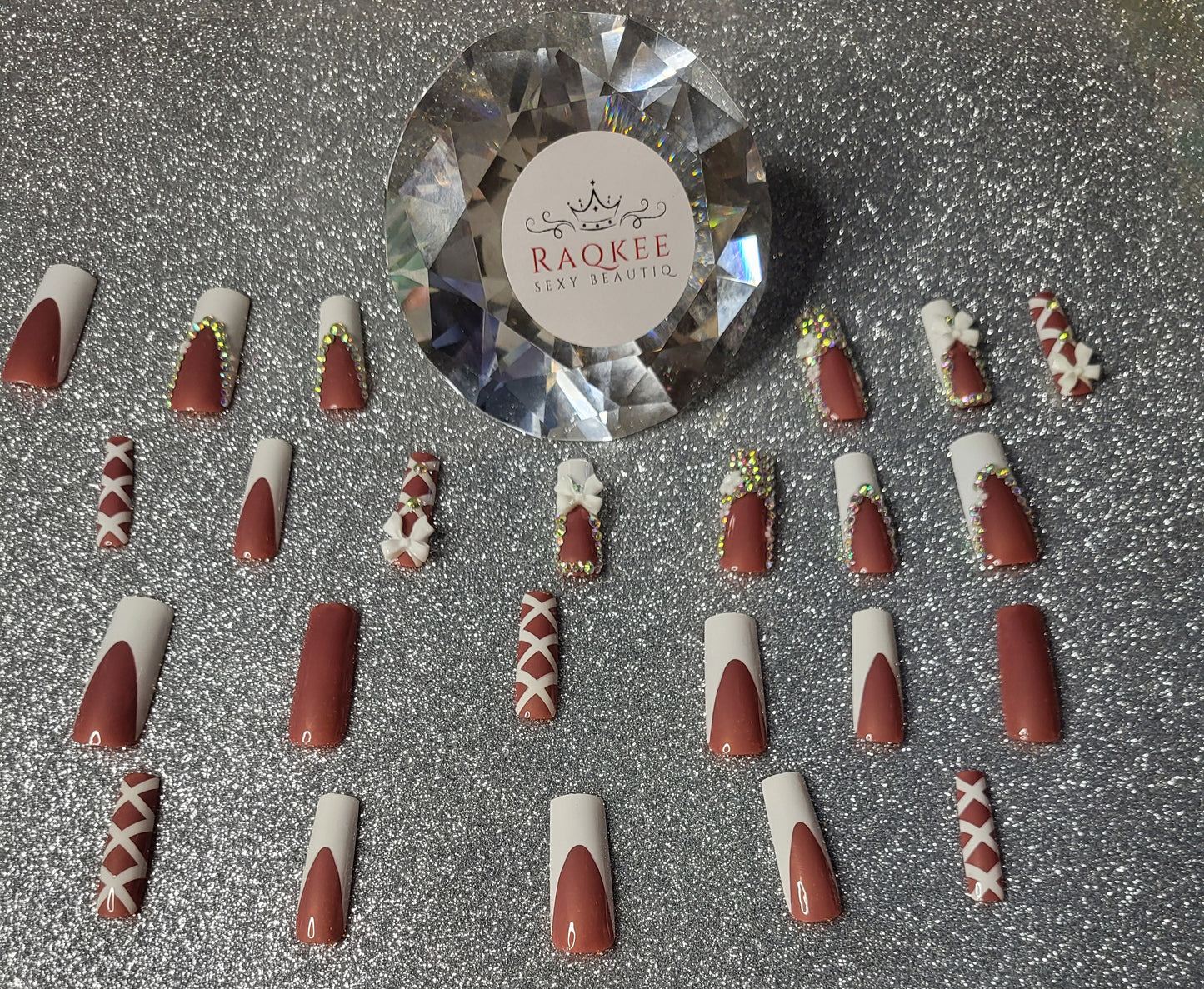 White French Tip Press On Nails With Rhinestones And Lace Designs