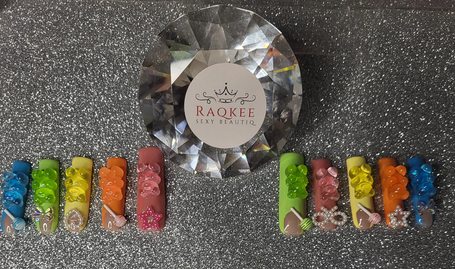Colorful French Tips Press On Nails With 3D Gummy Bears, Lollipops, Stars And Bows