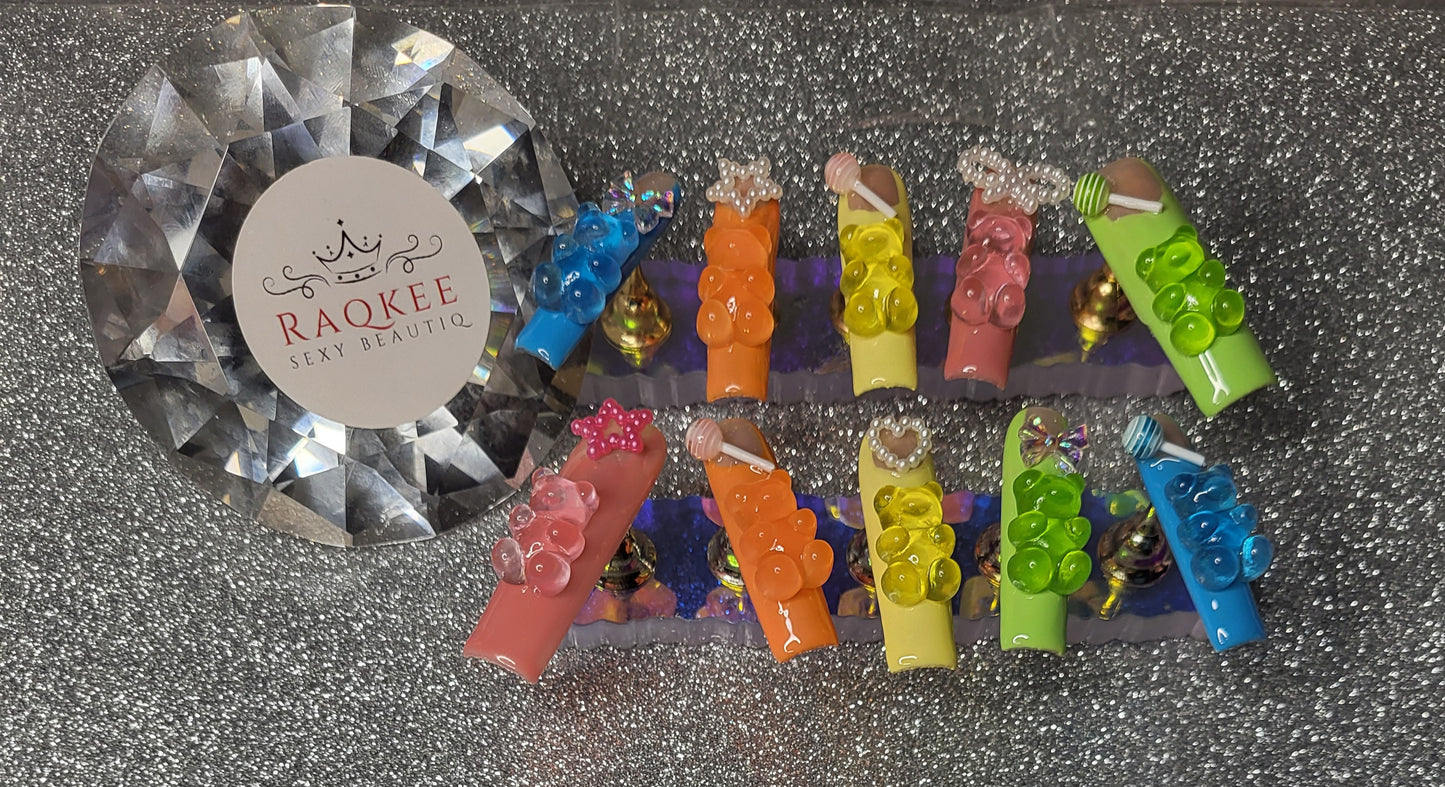 Colorful French Tips Press On Nails With 3D Gummy Bears, Lollipops, Stars And Bows
