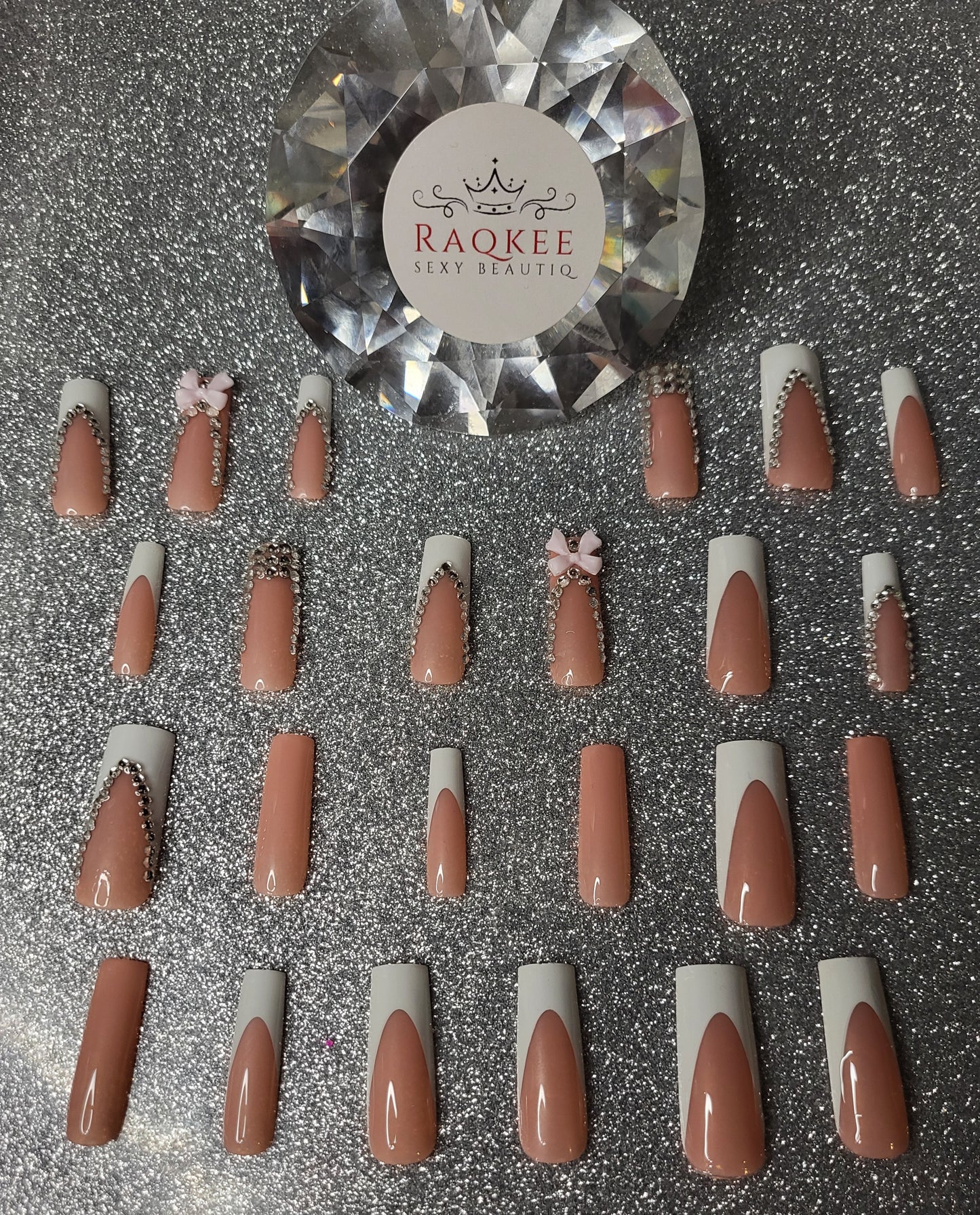 White French Tips Press On Nails With Rhinestones And Bow Decor
