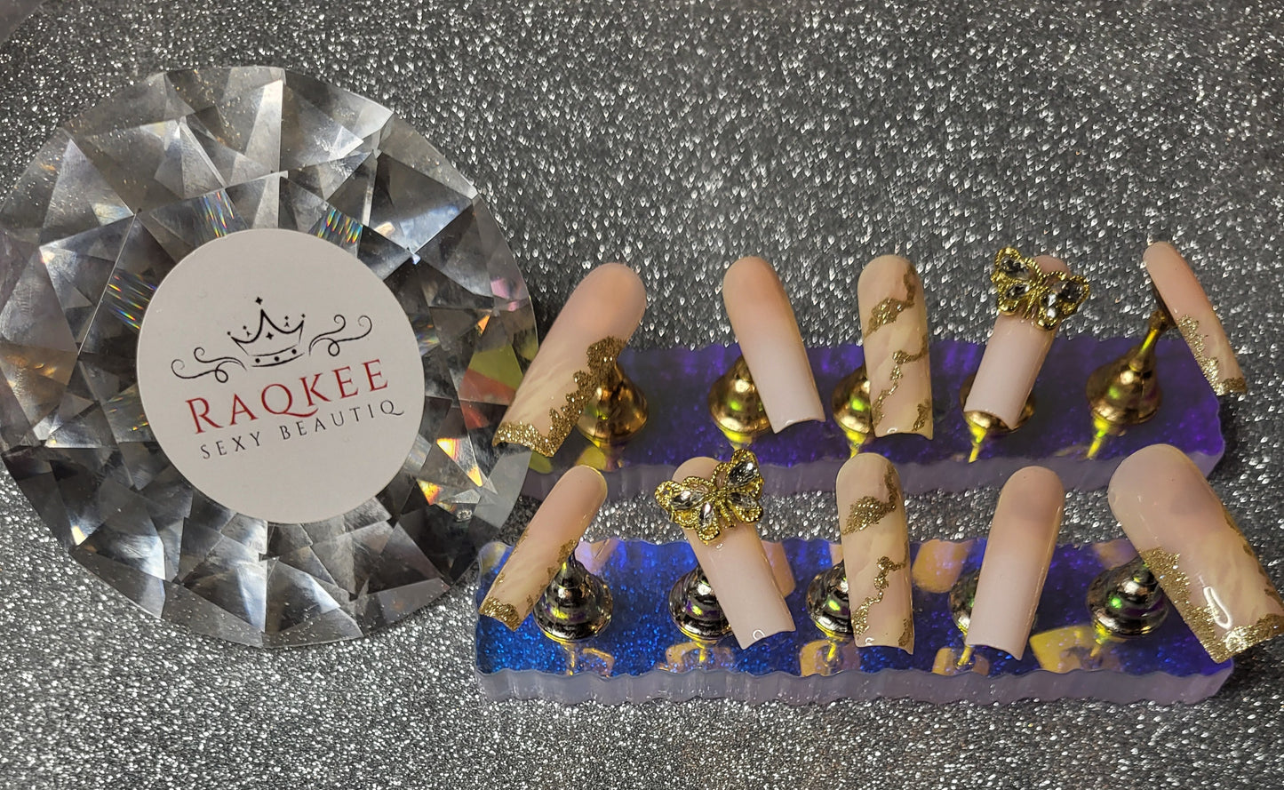 Gold Marble Design Press On Nails With 3D Butterfly Decor