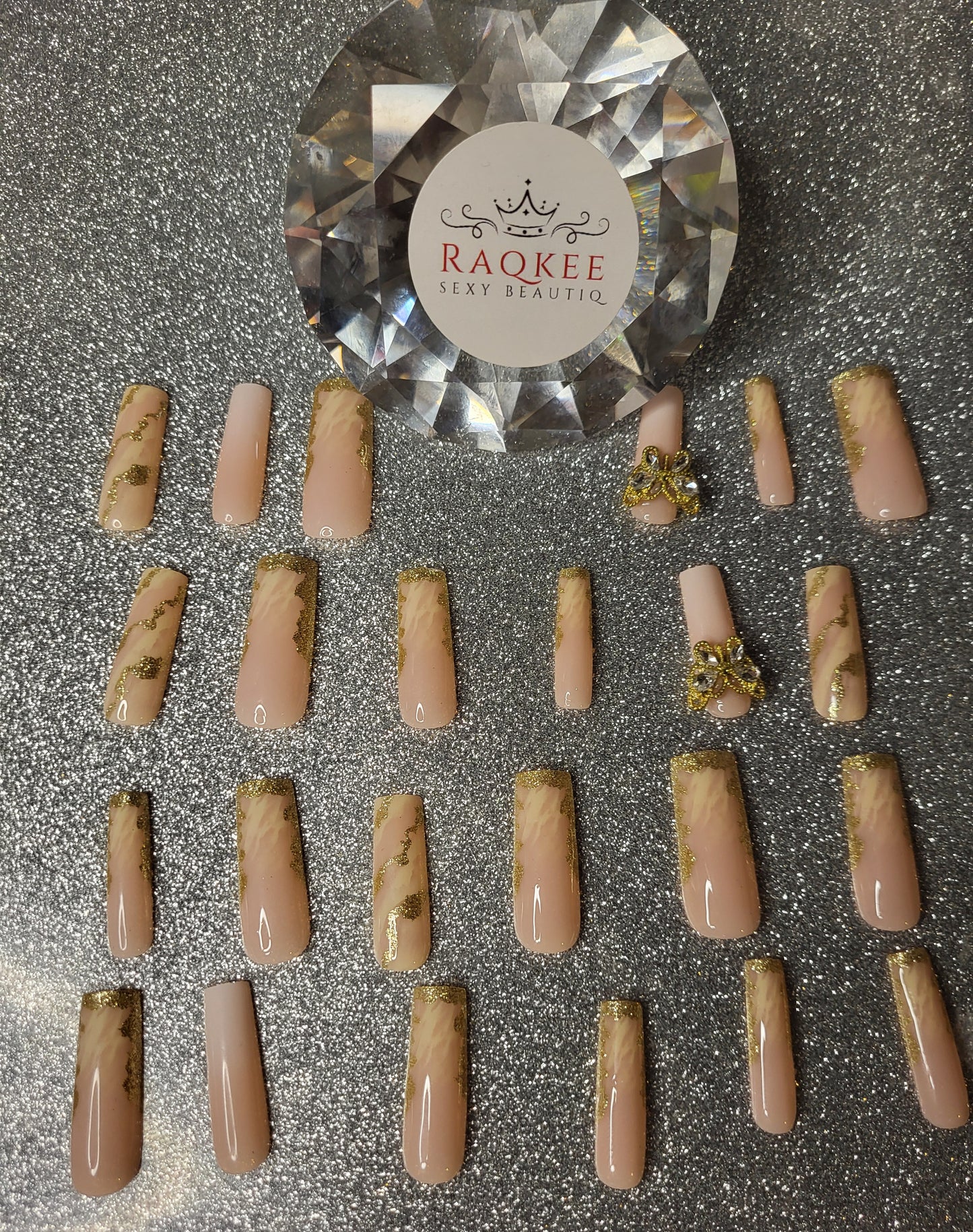 Gold Marble Design Press On Nails With 3D Butterfly Decor