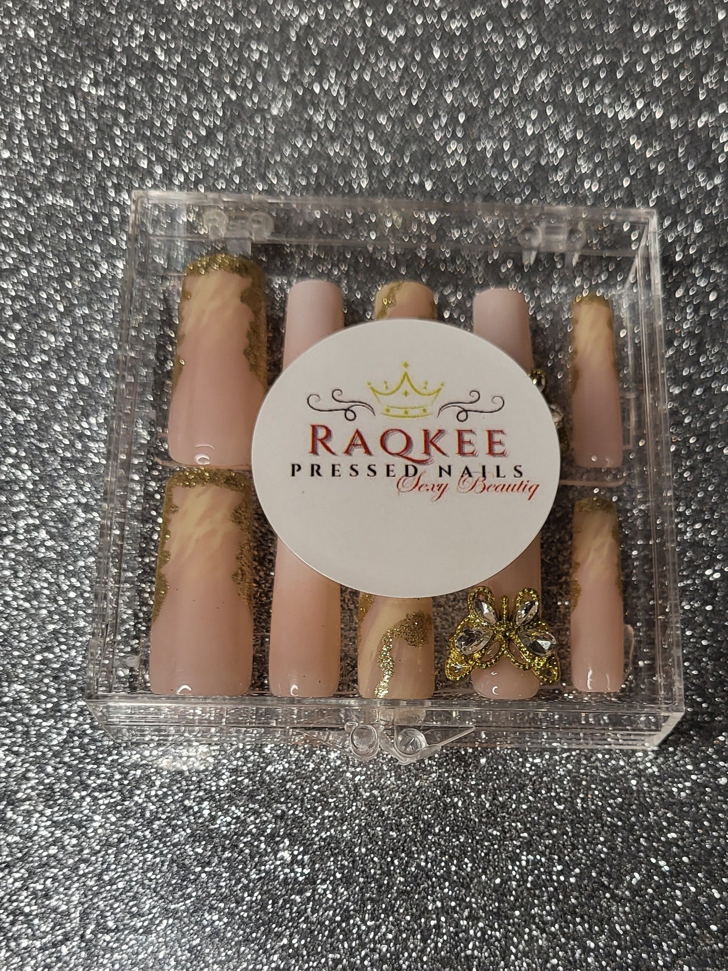 Gold Marble Design Press On Nails With 3D Butterfly Decor