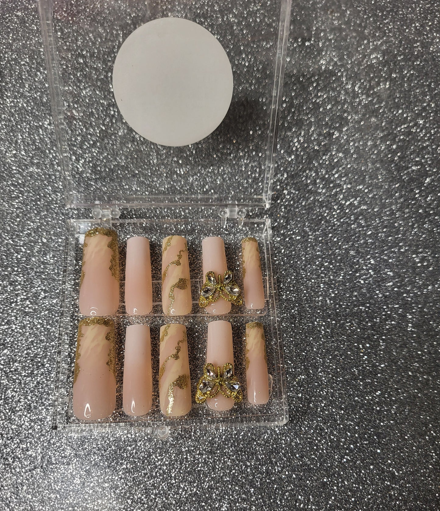 Gold Marble Design Press On Nails With 3D Butterfly Decor