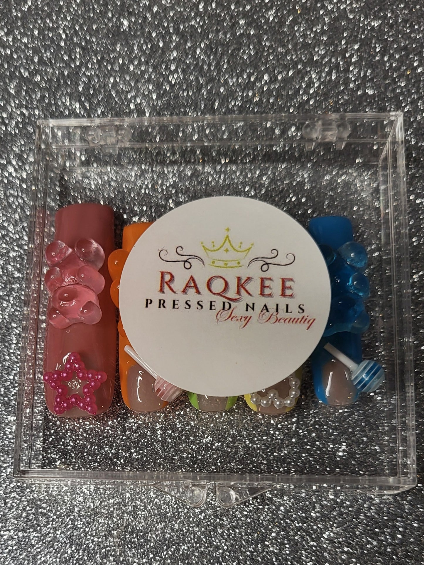 Colorful French Tips Press On Nails With 3D Gummy Bears, Lollipops, Stars And Bows