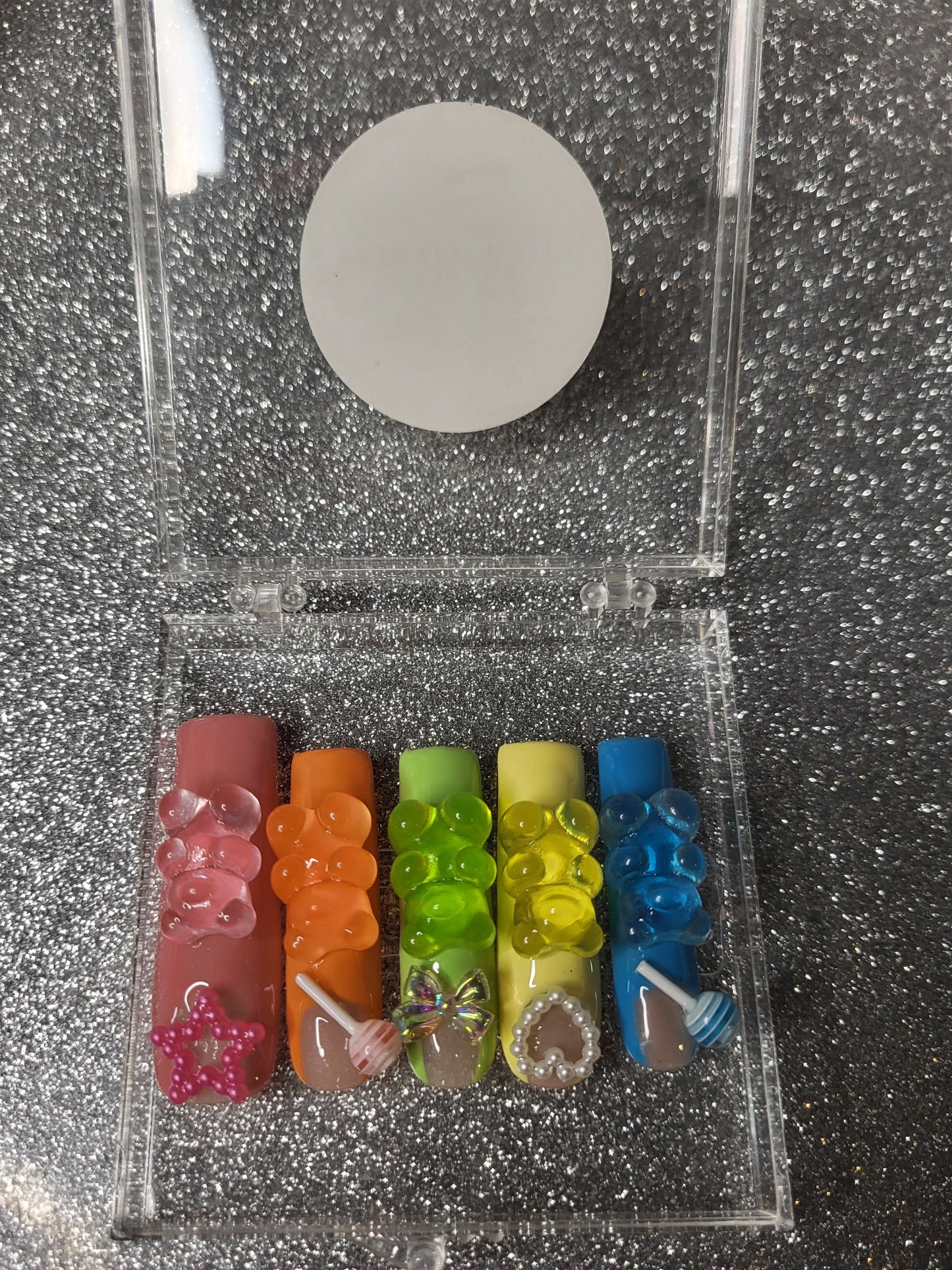 Colorful French Tips Press On Nails With 3D Gummy Bears, Lollipops, Stars And Bows
