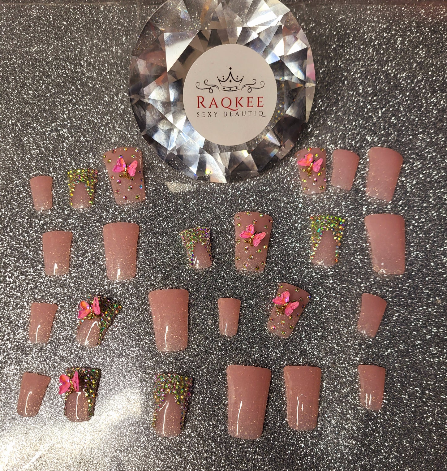 Rhinestones French Tips Press On Nails With Butterfly Decor