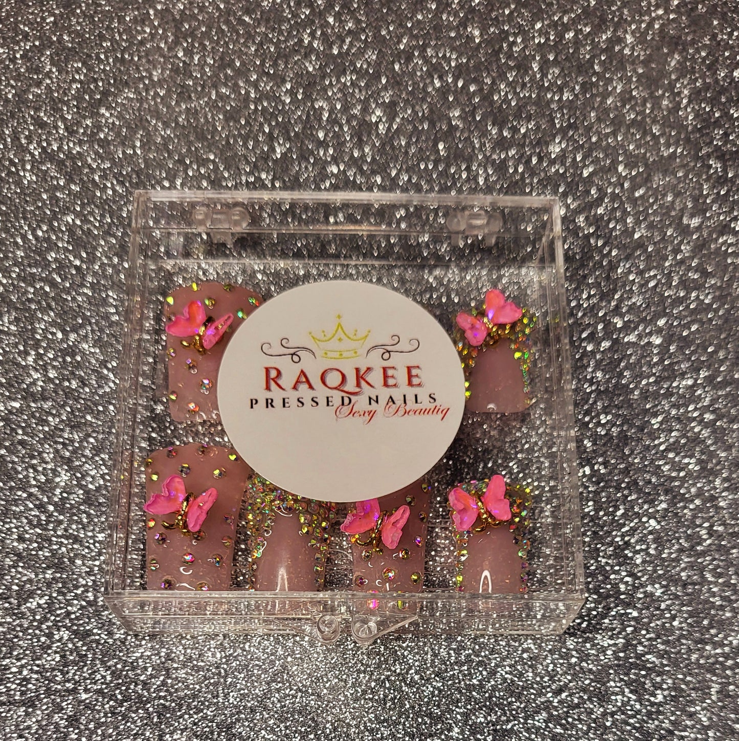 Rhinestones French Tips Press On Nails With Butterfly Decor