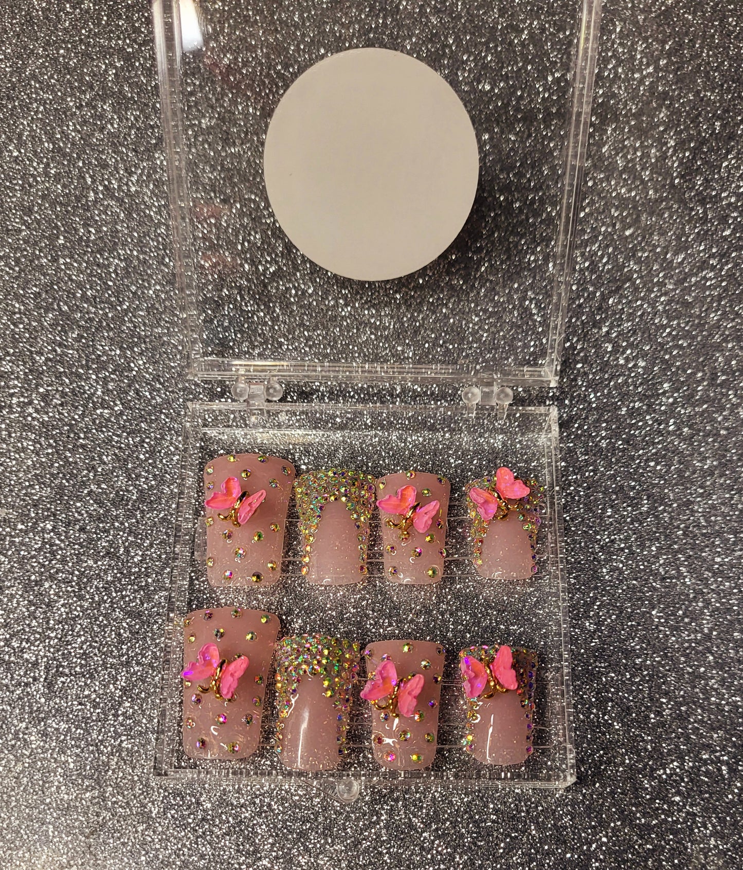 Rhinestones French Tips Press On Nails With Butterfly Decor
