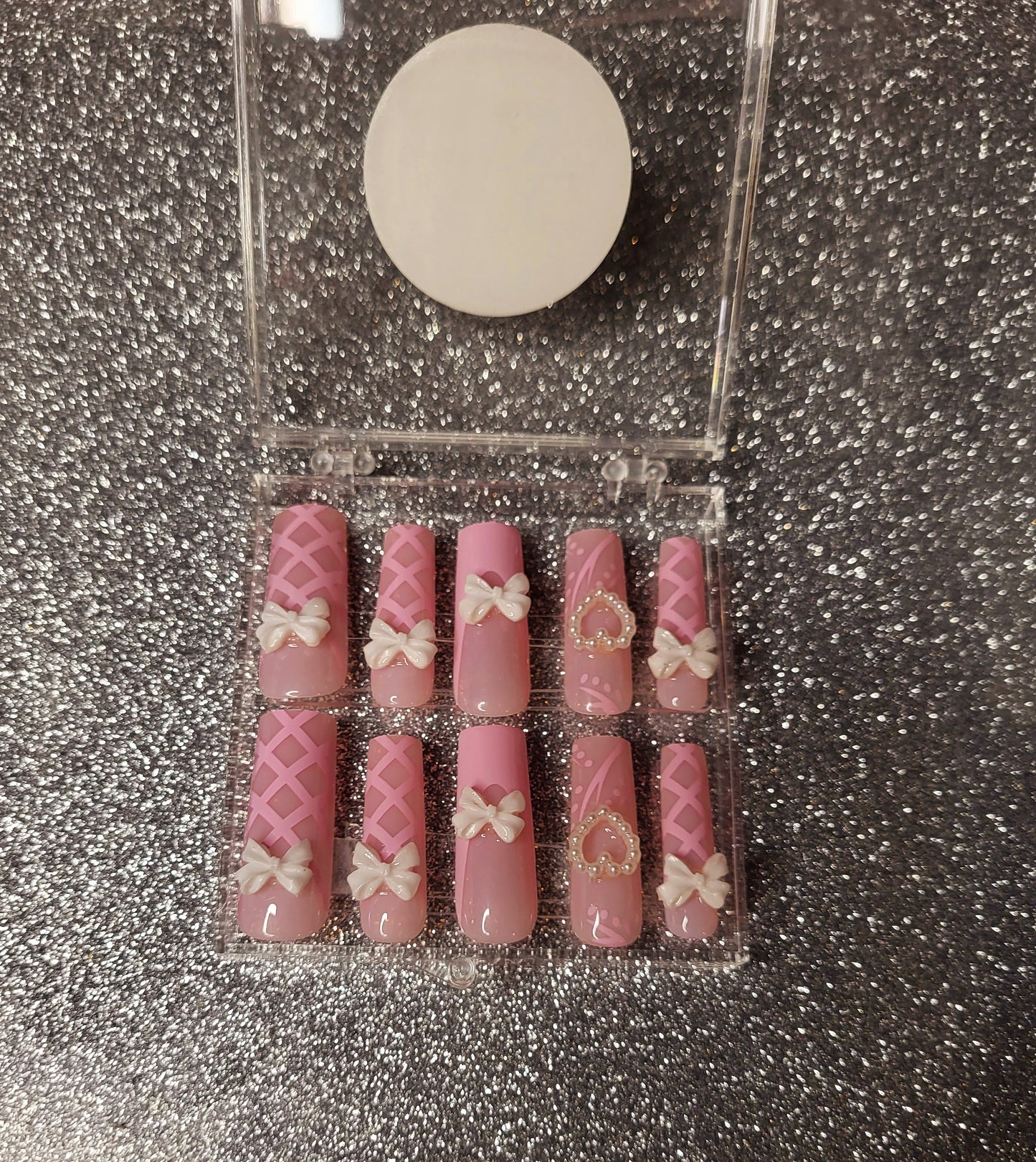Pink French Tips Press On Nails With Heart And Bow Decor And Designs