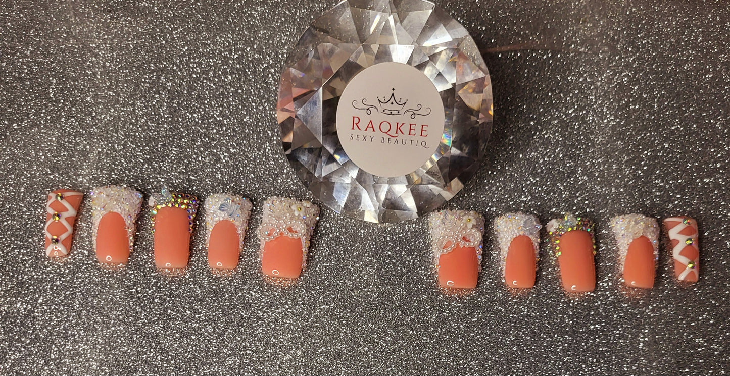 Sparkling White French Tips Press On Nails With 3D Decor And Rhinestones
