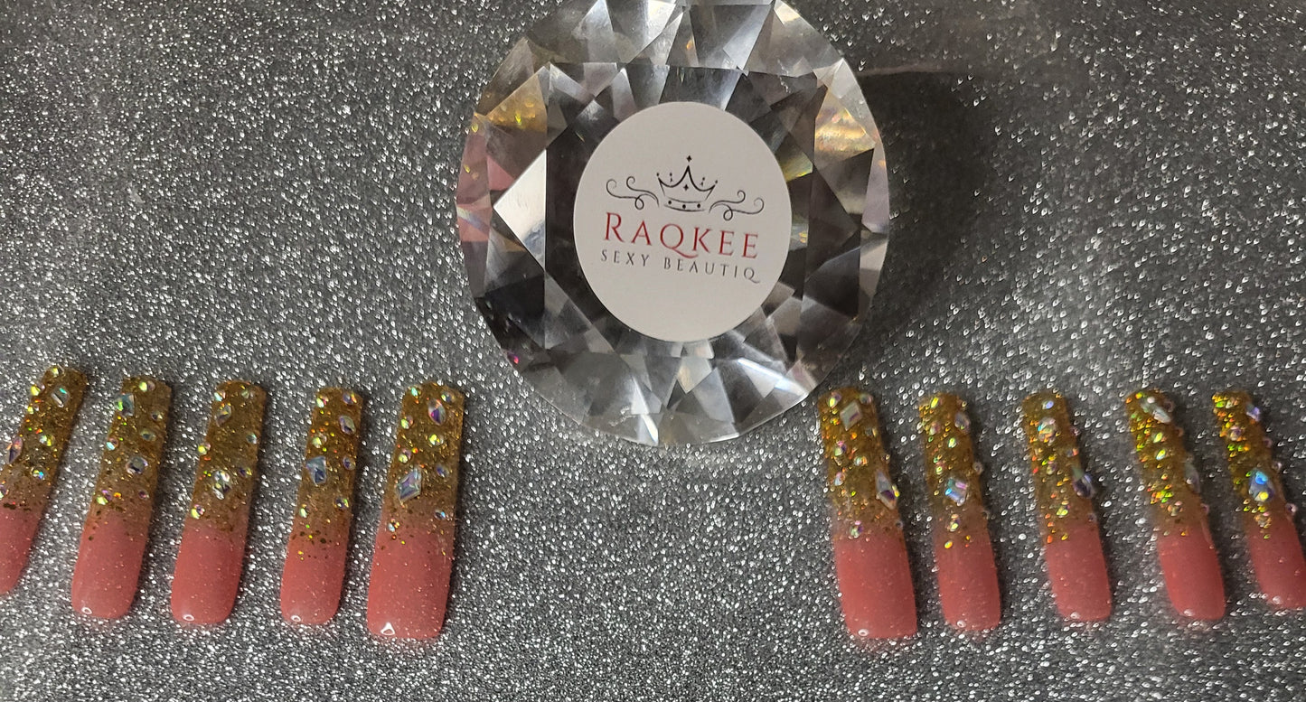 XL Glittery Gold French Tips Press On Nails With Big Rhinestones