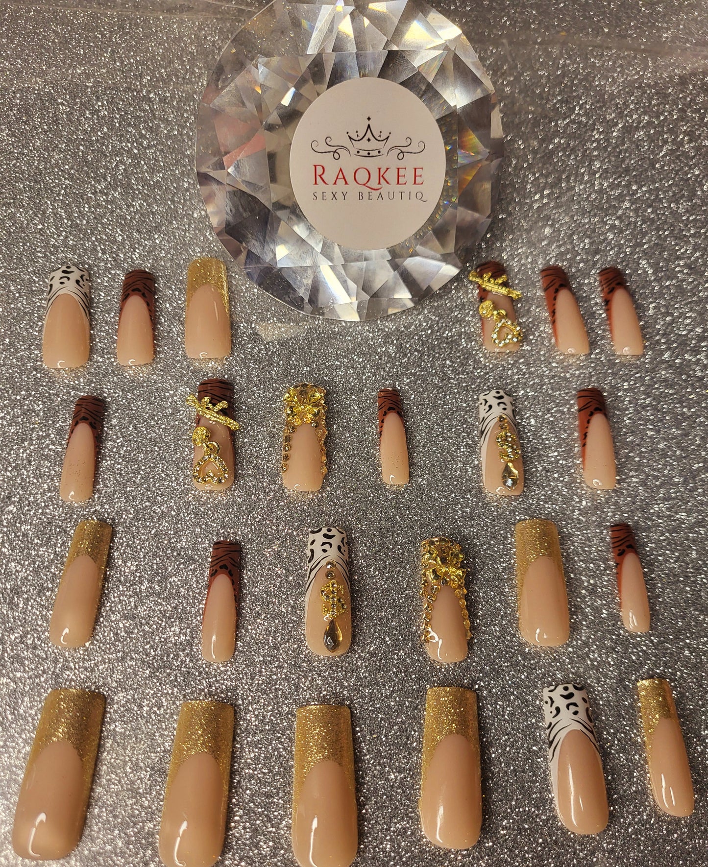 Leopard Print, Zebra Print, Rhinestones And Glitter French Tips Press On Nails With 3D Decor