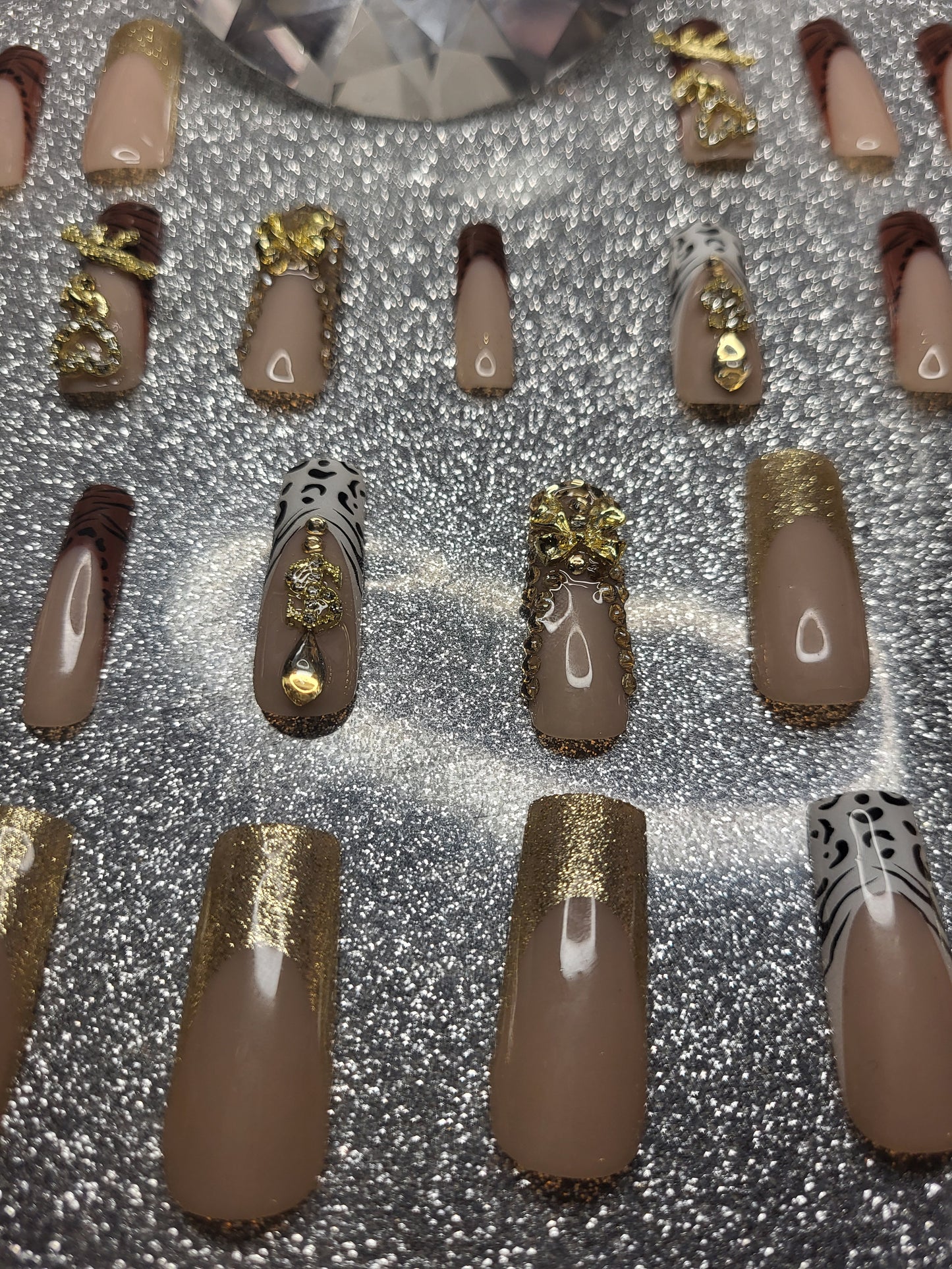 Leopard Print, Zebra Print, Rhinestones And Glitter French Tips Press On Nails With 3D Decor