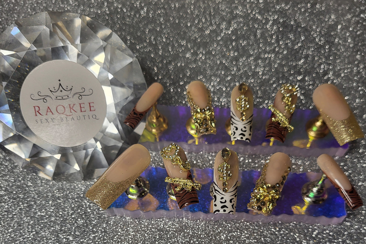 Leopard Print, Zebra Print, Rhinestones And Glitter French Tips Press On Nails With 3D Decor