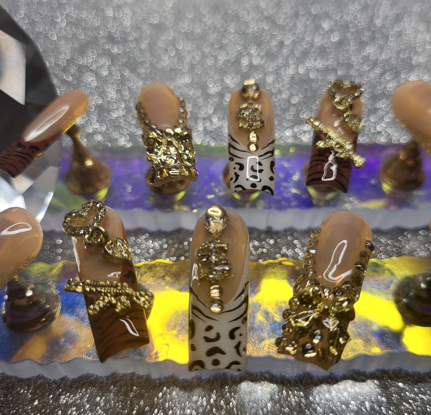 Leopard Print, Zebra Print, Rhinestones And Glitter French Tips Press On Nails With 3D Decor