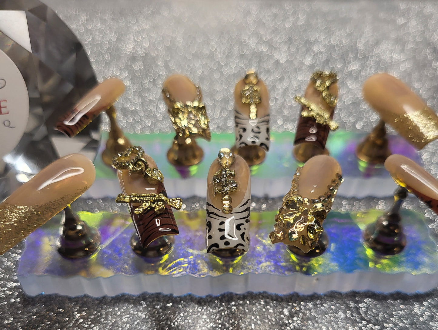 Leopard Print, Zebra Print, Rhinestones And Glitter French Tips Press On Nails With 3D Decor